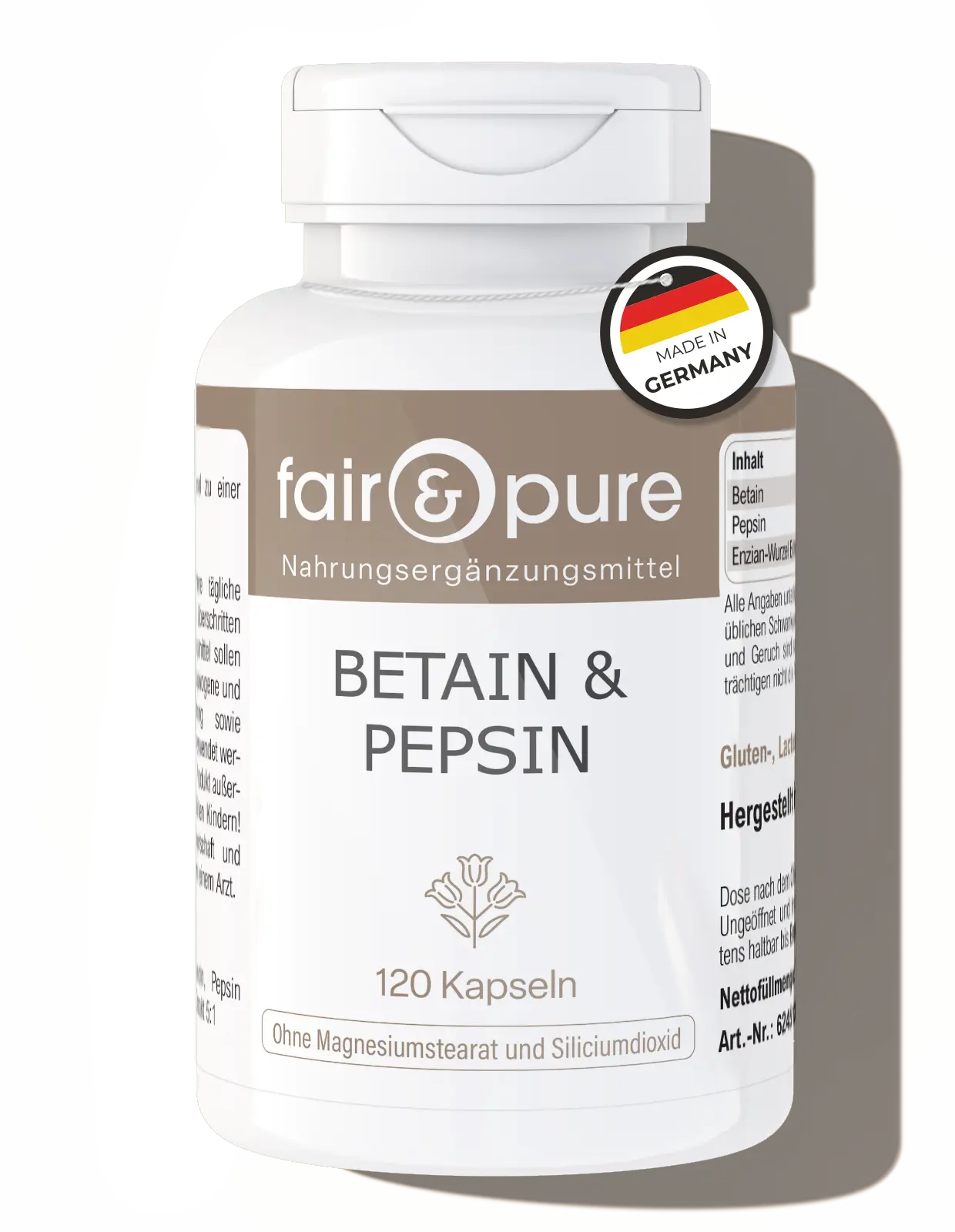 Betain & Pepsin - 120 Kapseln - schluckfreundlich - mit Enzian-Wurzel Extrakt | fair-pure