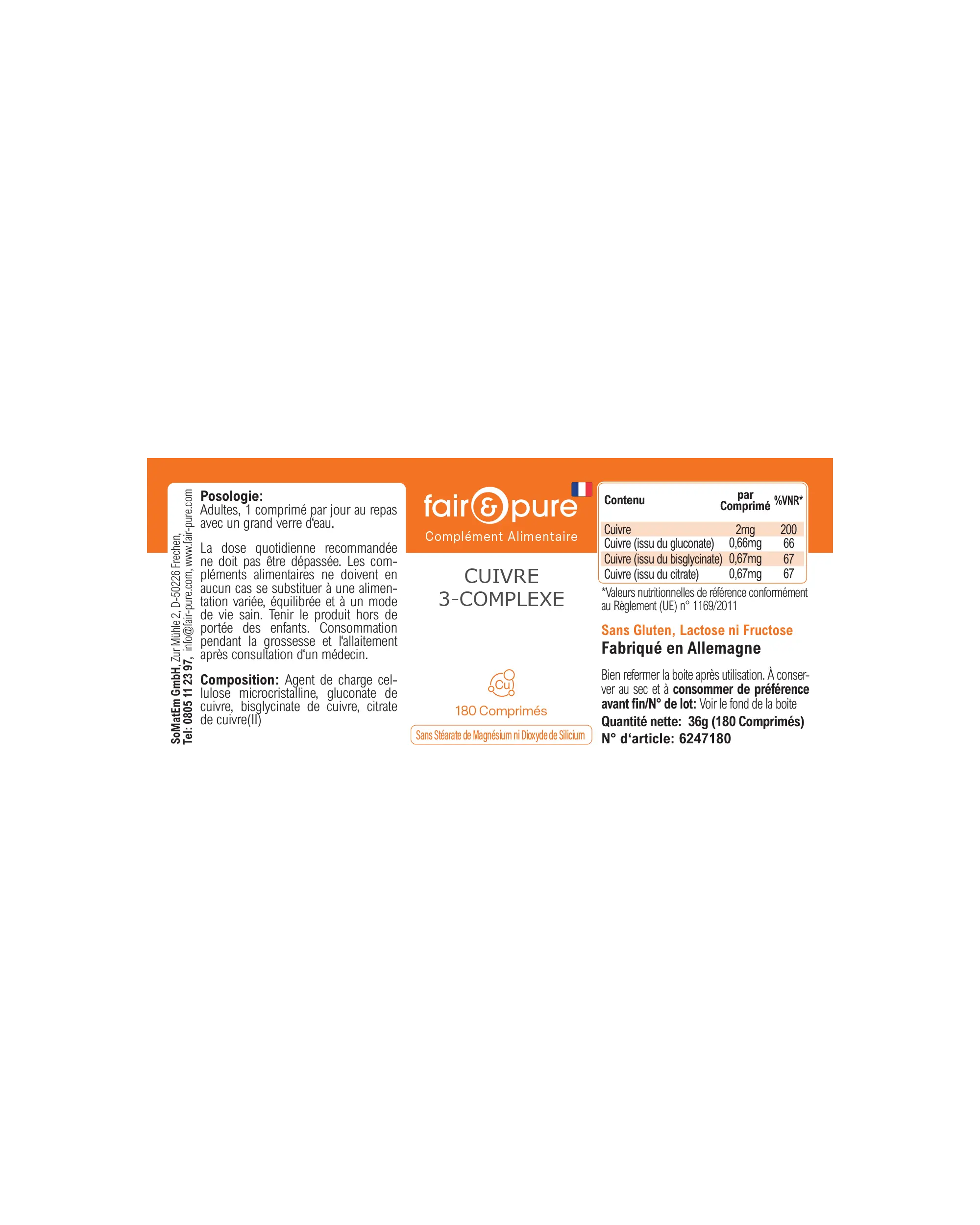 Cobre Complejo 3 – 180 Tabletas – Más del 100 % de la ingesta diaria | Fair & Pure