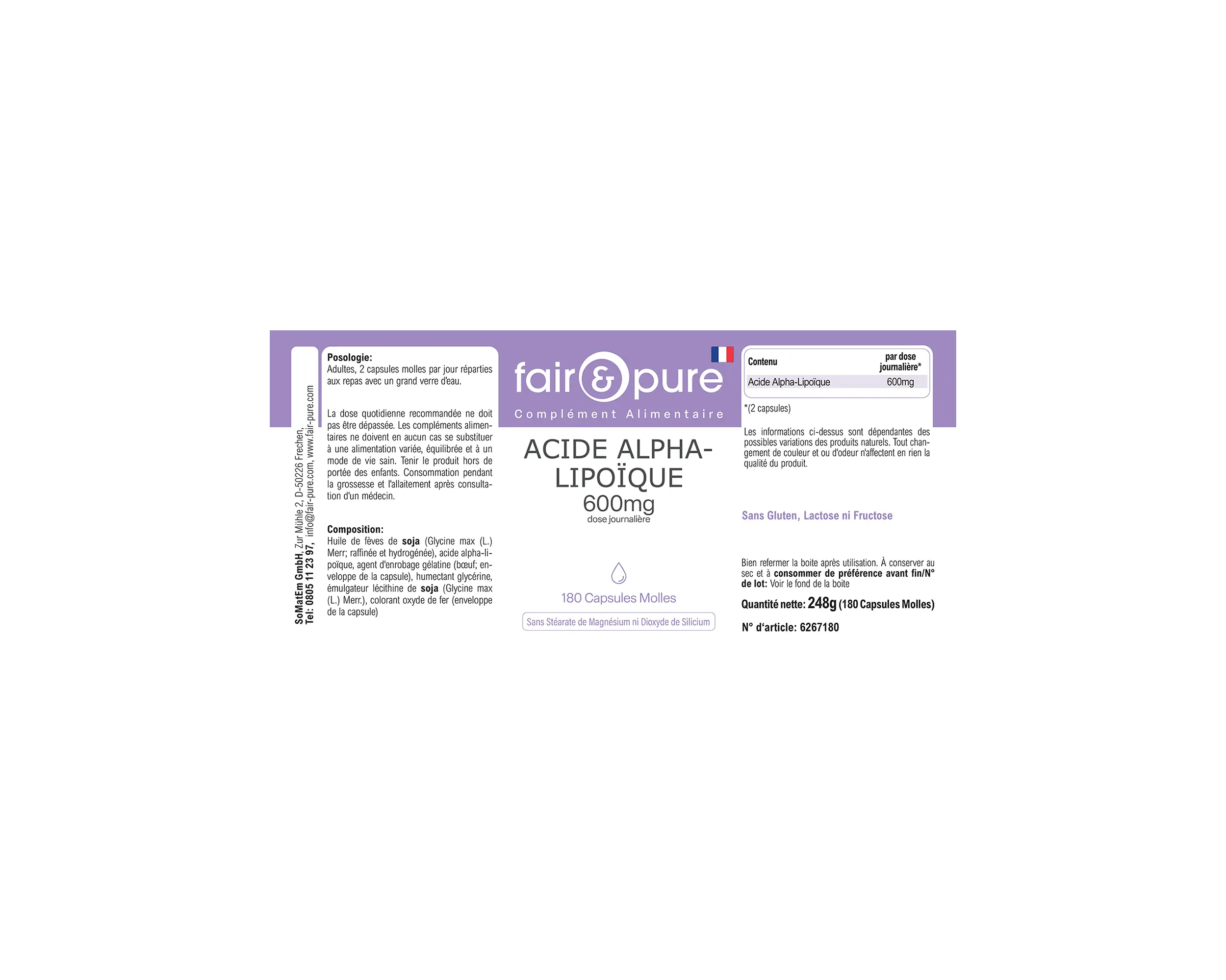 Acide alpha-lipoïque 600mg - 180 capsules molles | fair-pure