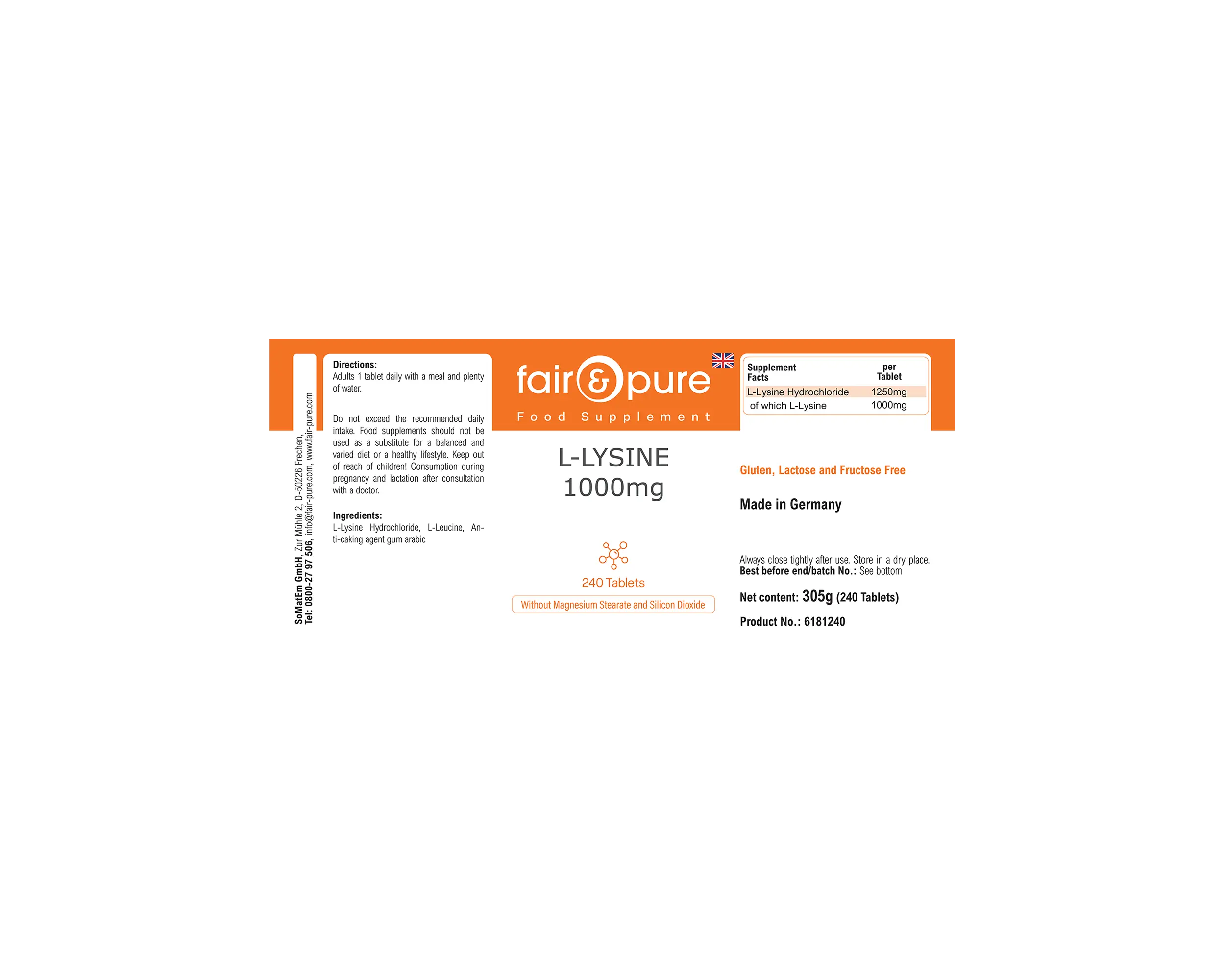 L-Lisina 1000mg - 240 comprimidos | fair-pure