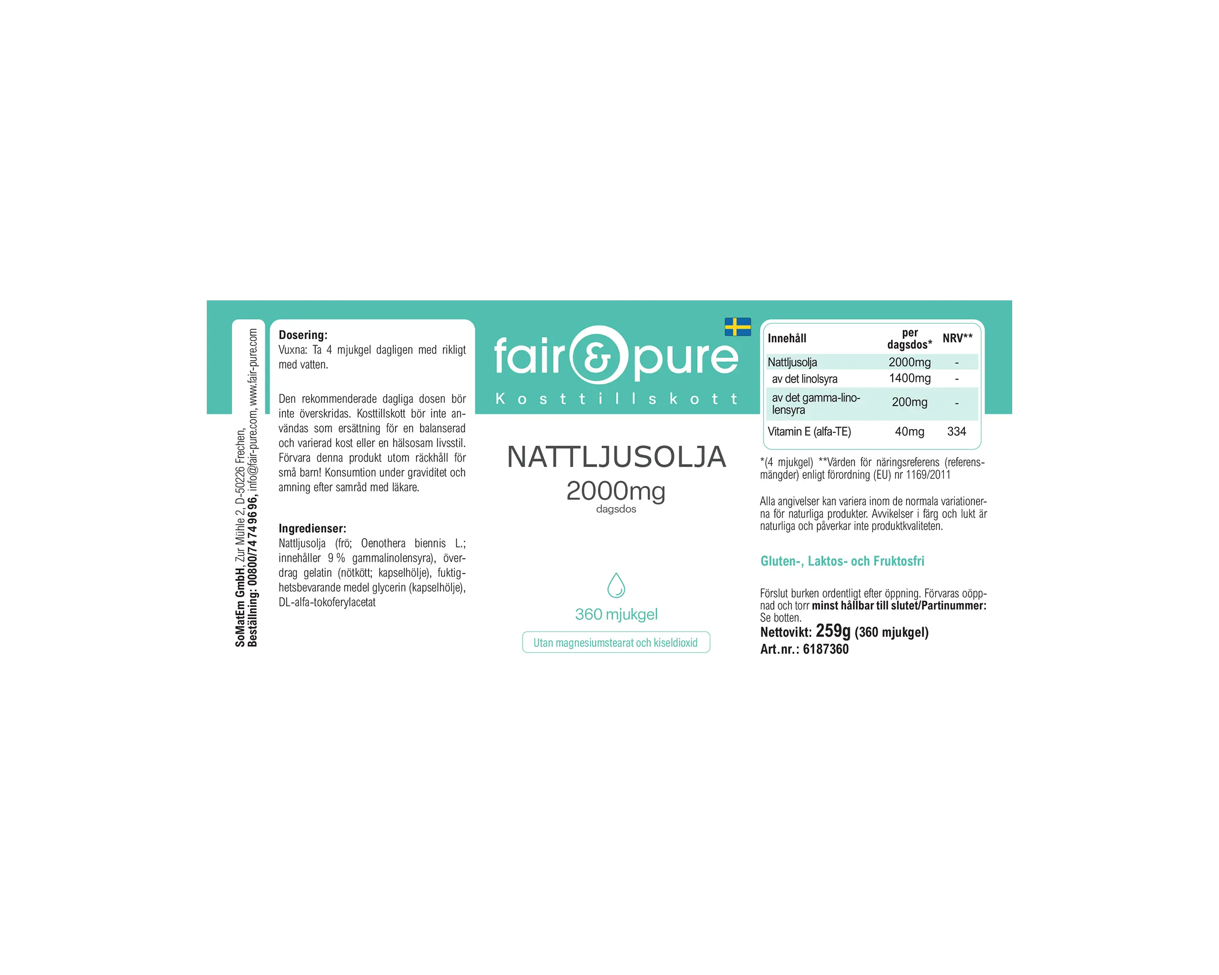 Nachtkerzenöl 2000mg - 360 Softgels - mit Vitamin E | fair-pure