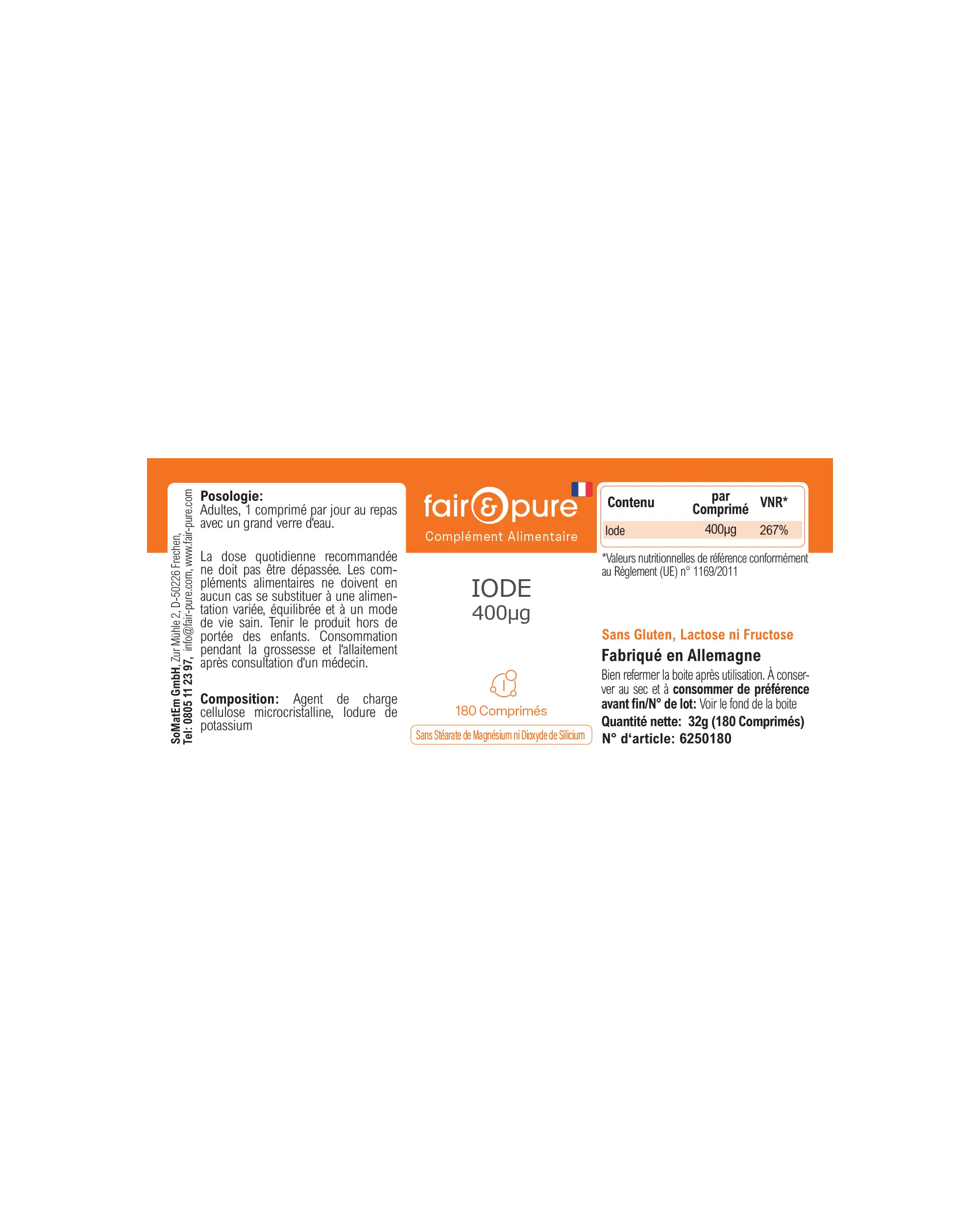 Iode 400µg – 180 Comprimés – Plus de 100 % de l'apport quotidien | Fair & Pure