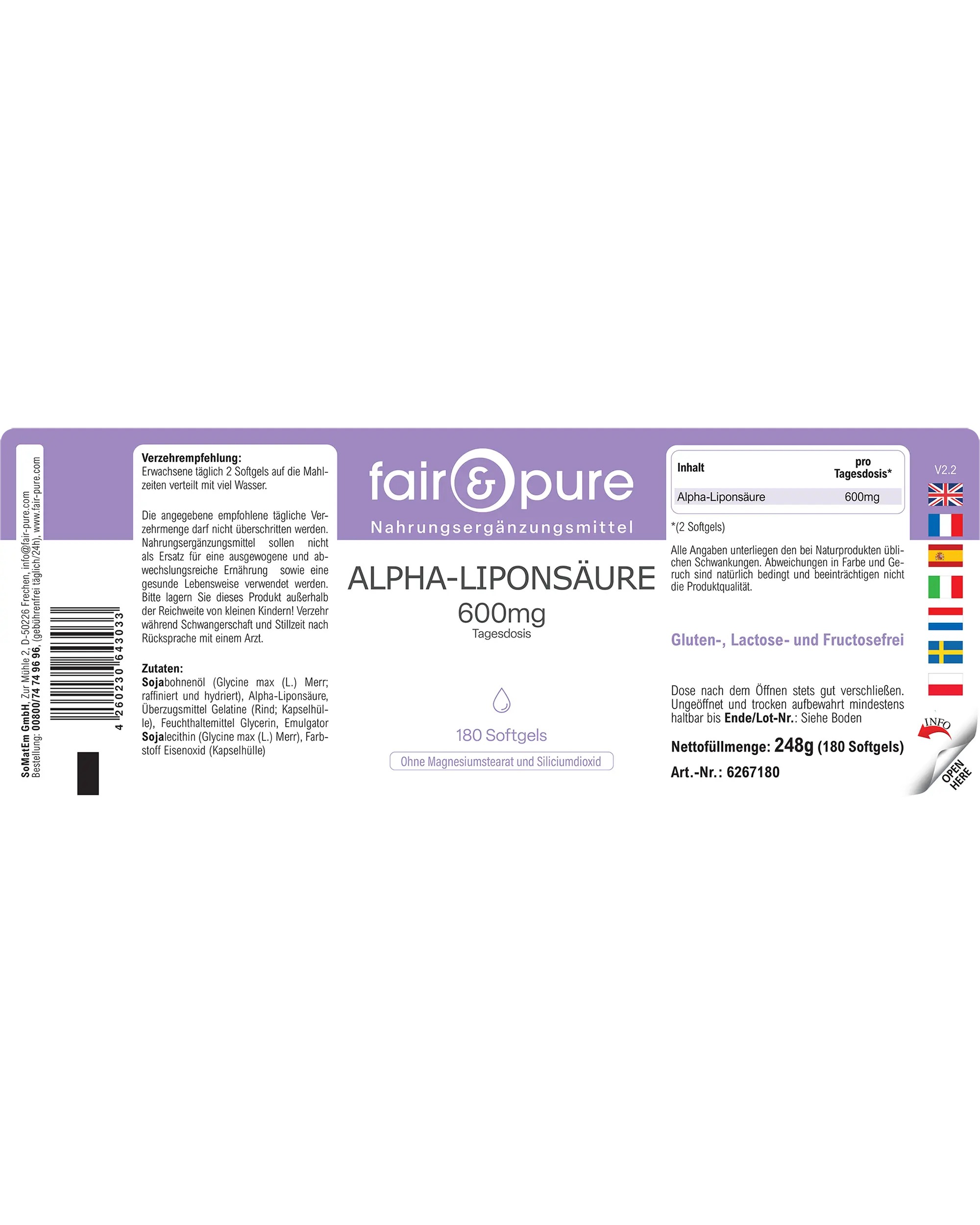 Acide alpha-lipoïque 600mg - 180 capsules molles | fair-pure