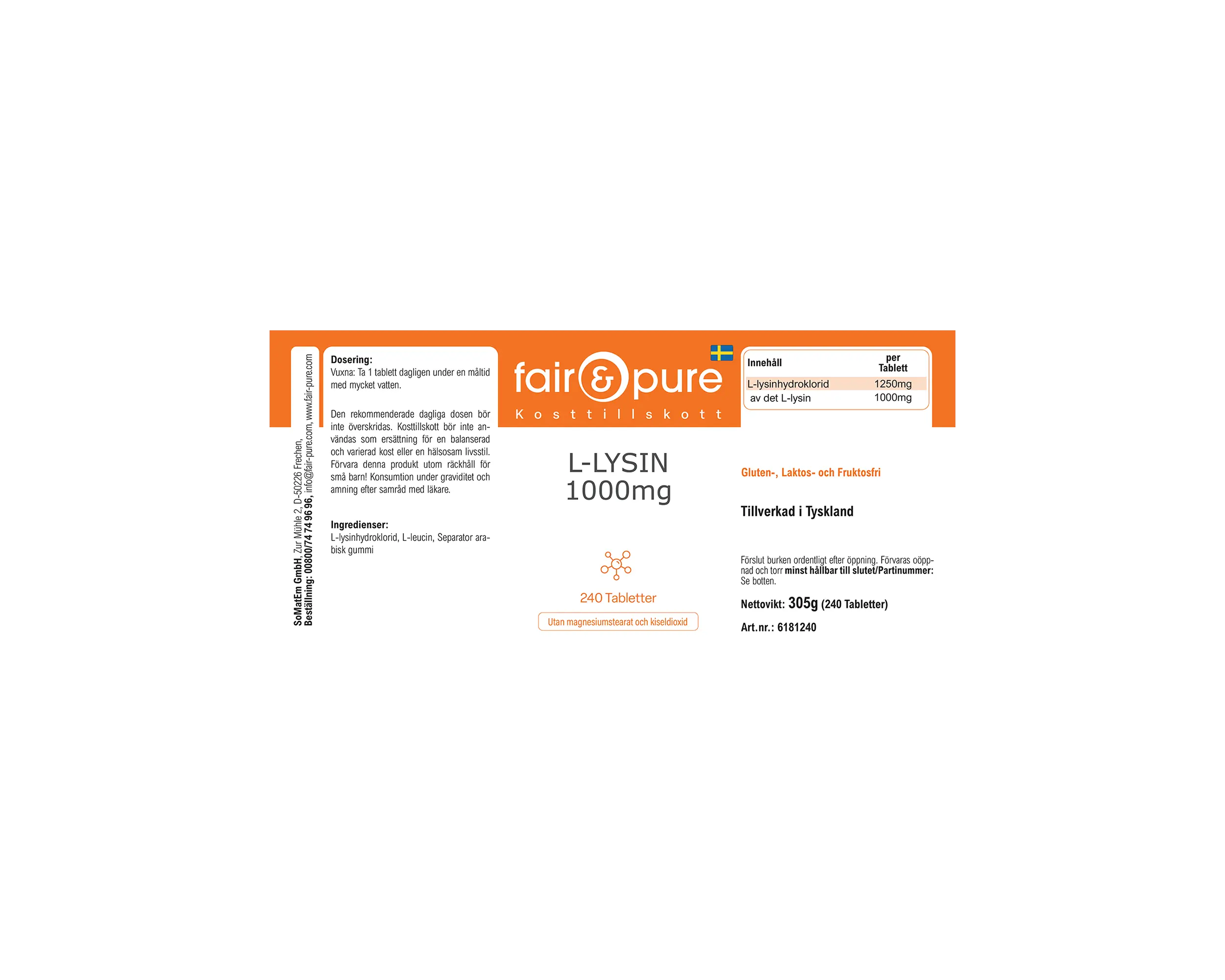 L-Lisina 1000mg - 240 comprimidos | fair-pure
