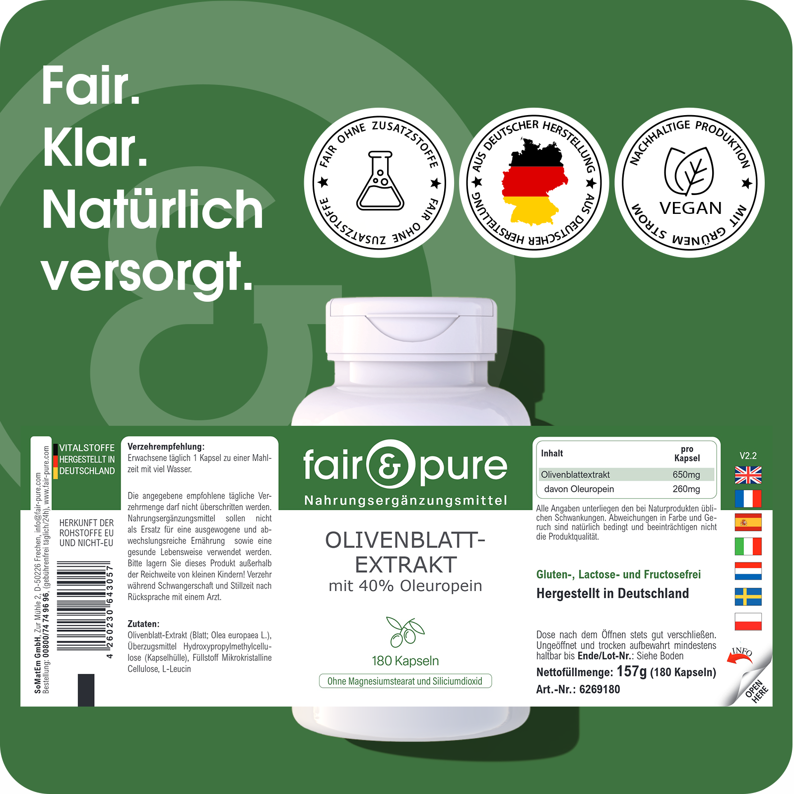 Extracto de hoja de olivo con 40% de oleuropeína - 180 cápsulas | fair-pure