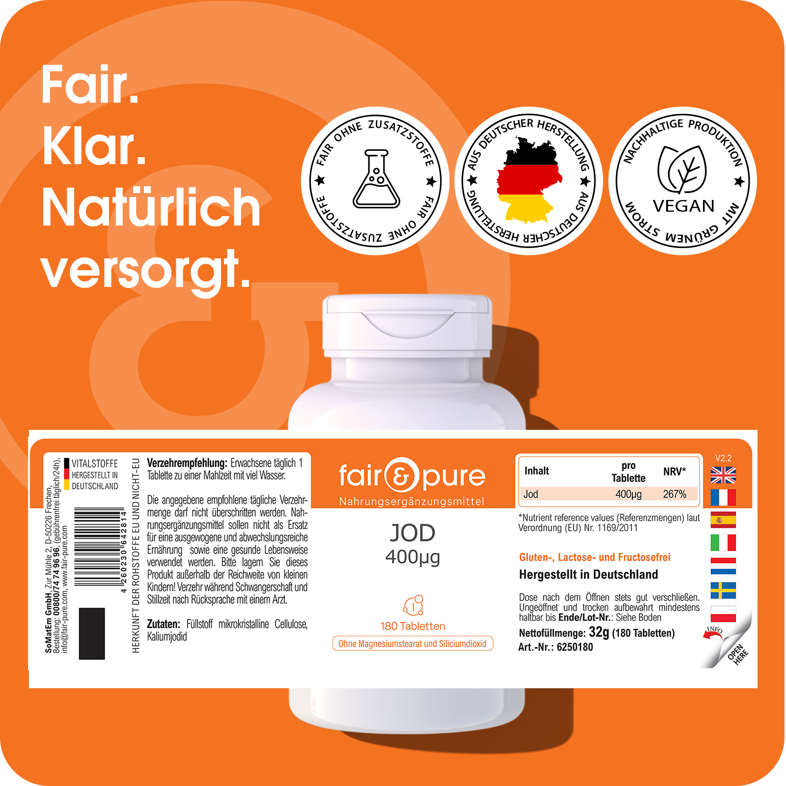 Iode 400µg – 180 Comprimés – Plus de 100 % de l'apport quotidien | Fair & Pure