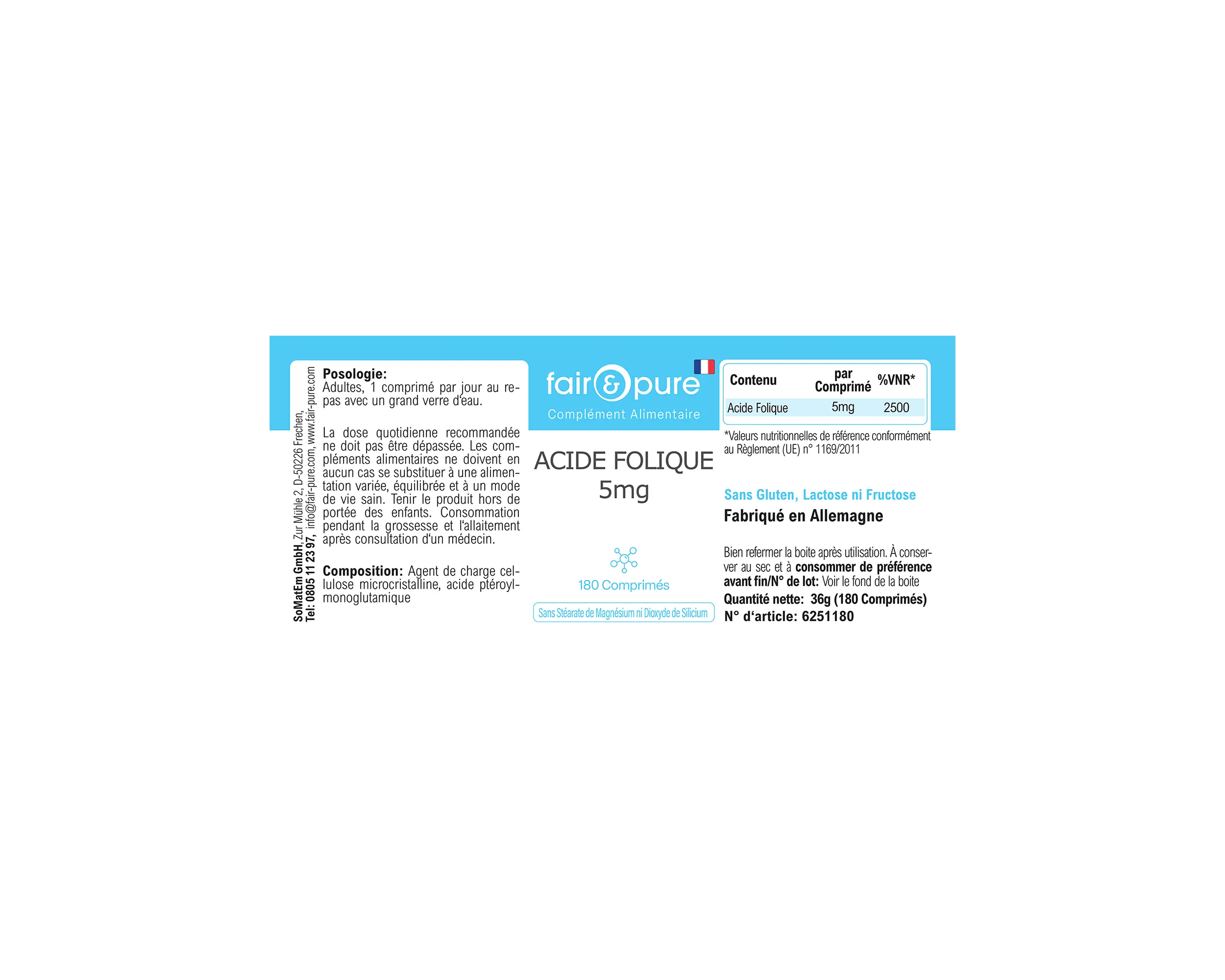 Ácido Fólico 5mg - 180 Comprimidos | fair-pure