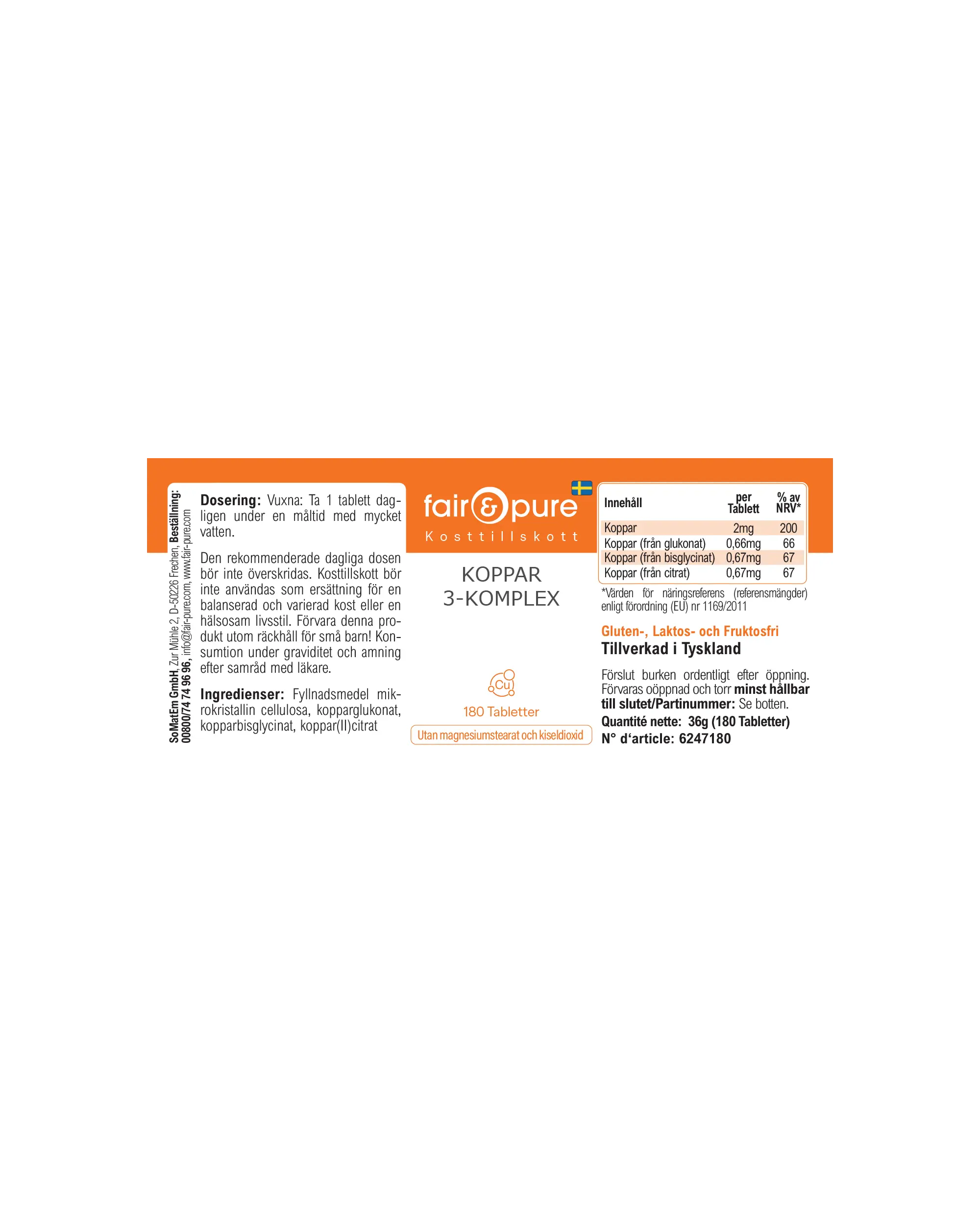 Cobre Complejo 3 – 180 Tabletas – Más del 100 % de la ingesta diaria | Fair & Pure