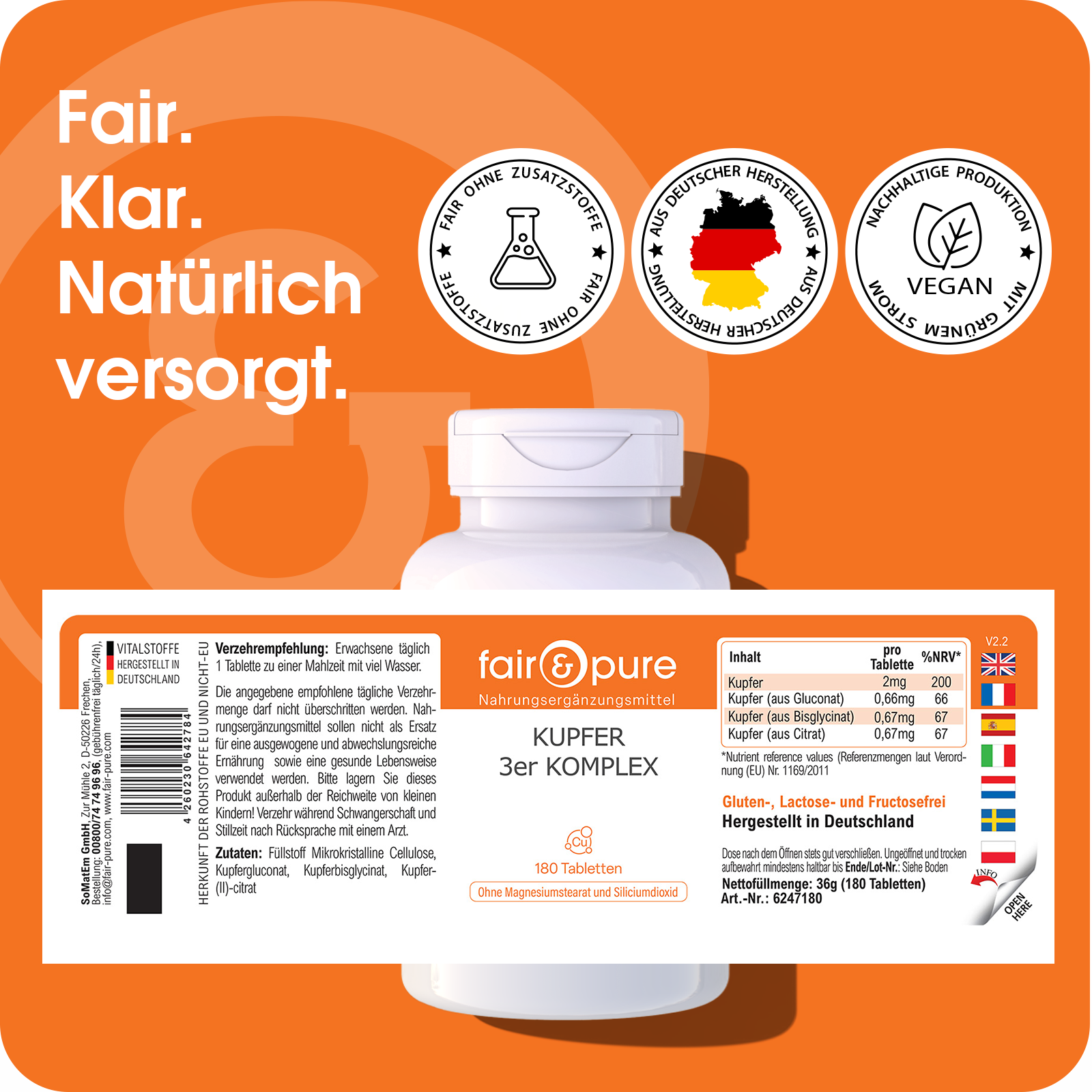 Cobre Complejo 3 – 180 Tabletas – Más del 100 % de la ingesta diaria | Fair & Pure