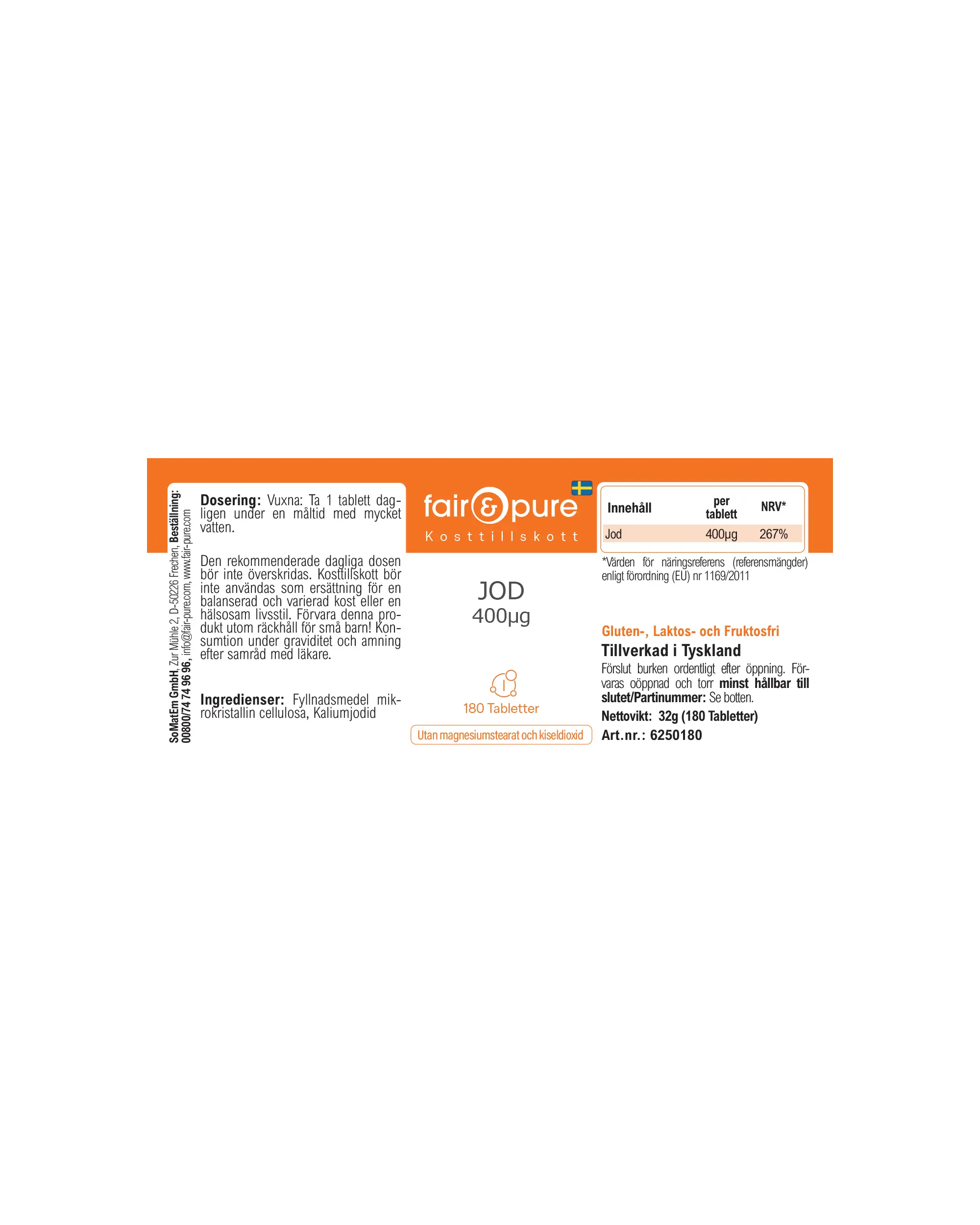 Iode 400µg – 180 Comprimés – Plus de 100 % de l'apport quotidien | Fair & Pure