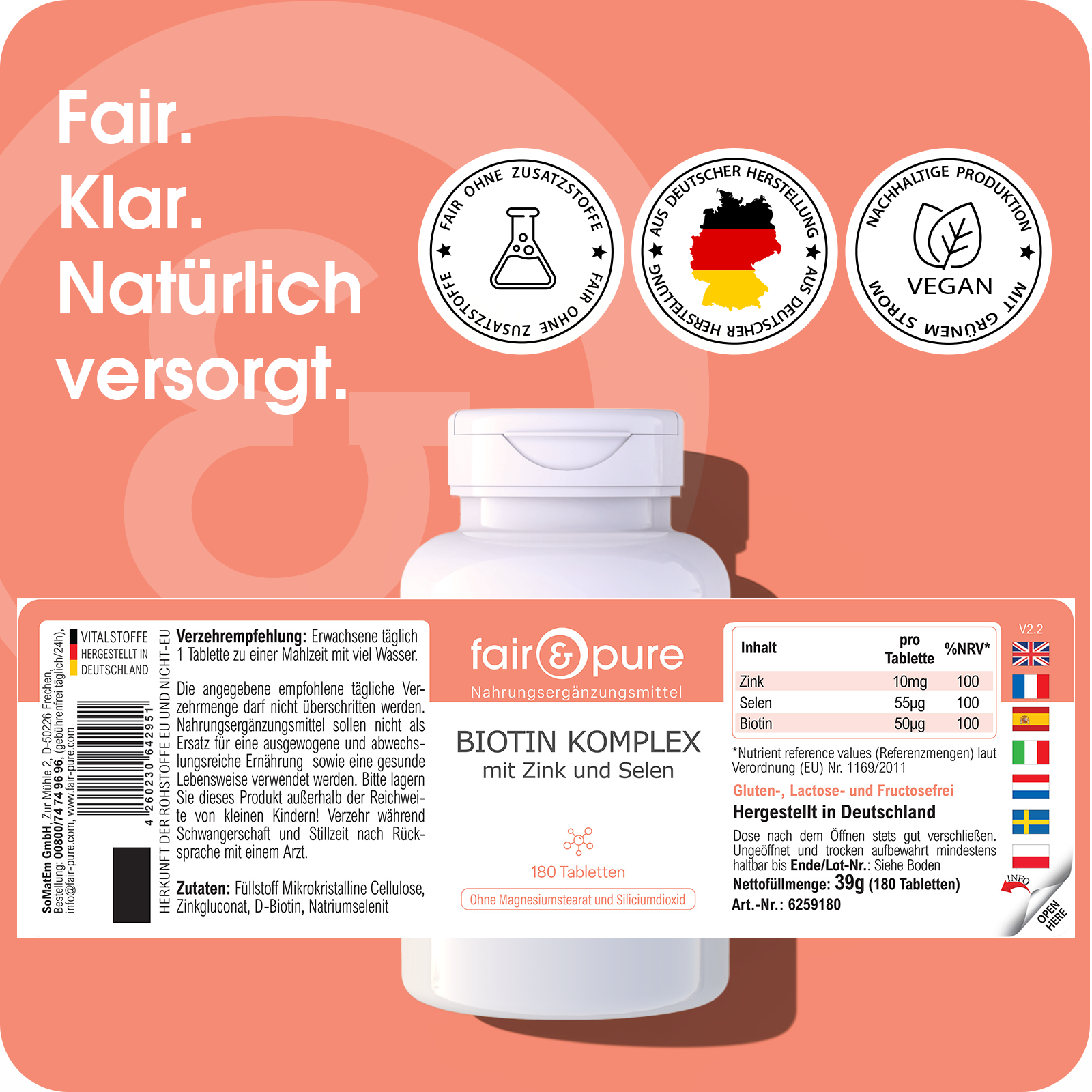 Complexe de Biotine avec Zinc et Sélénium - 180 Comprimés | fair-pure