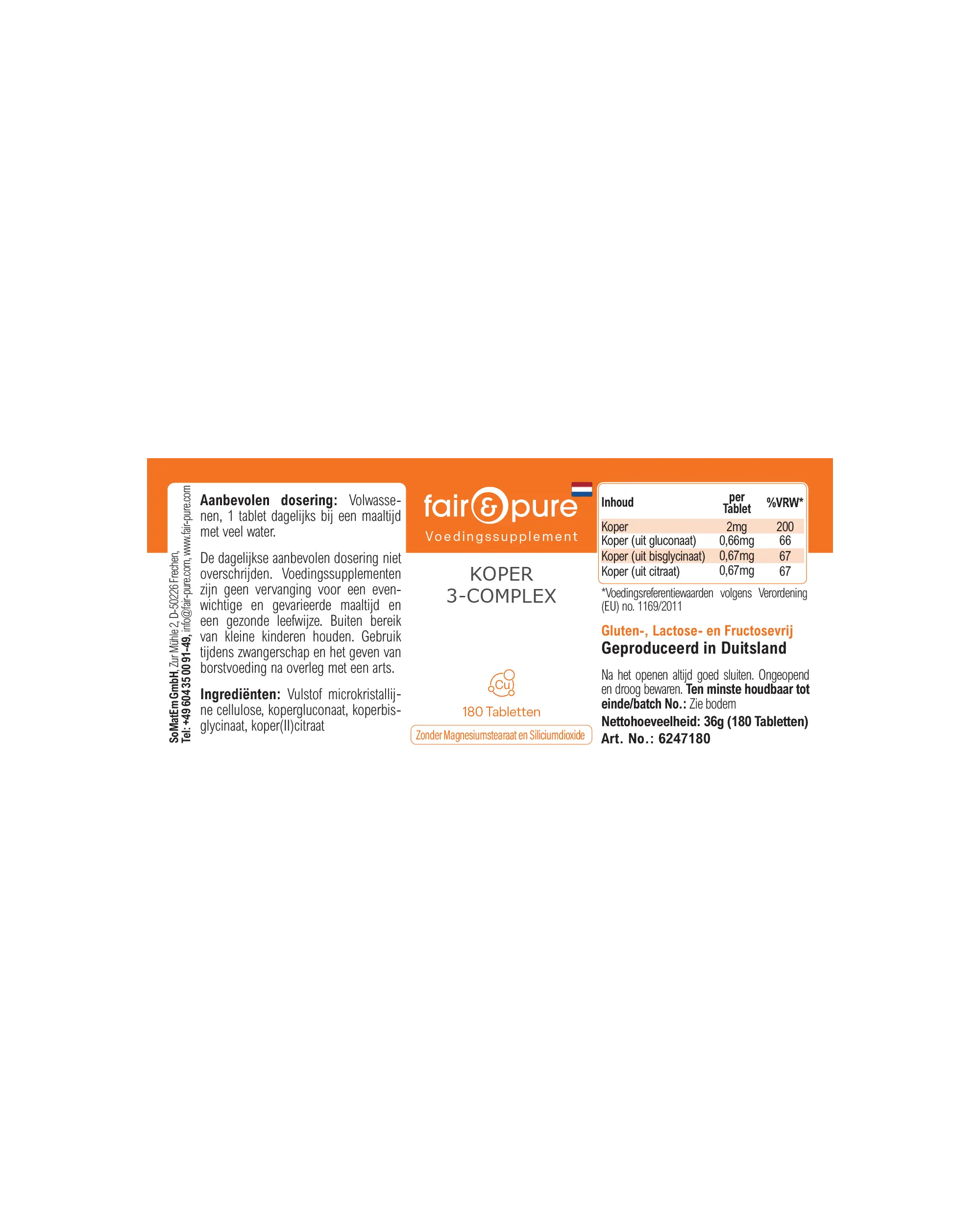 Cobre Complejo 3 – 180 Tabletas – Más del 100 % de la ingesta diaria | Fair & Pure