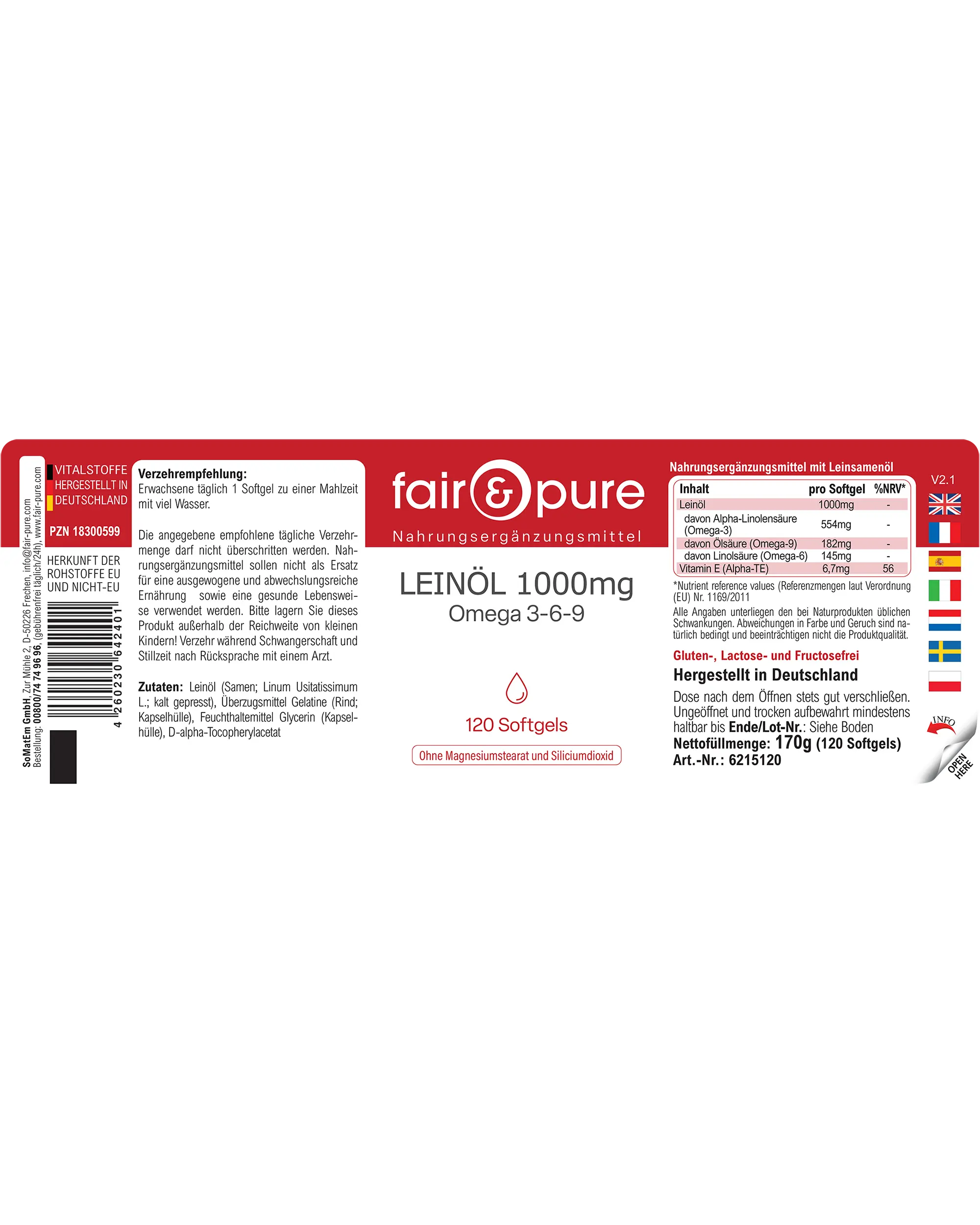 Huile de lin 1000mg Oméga 3-6-9 - 120 capsules molles | fair-pure