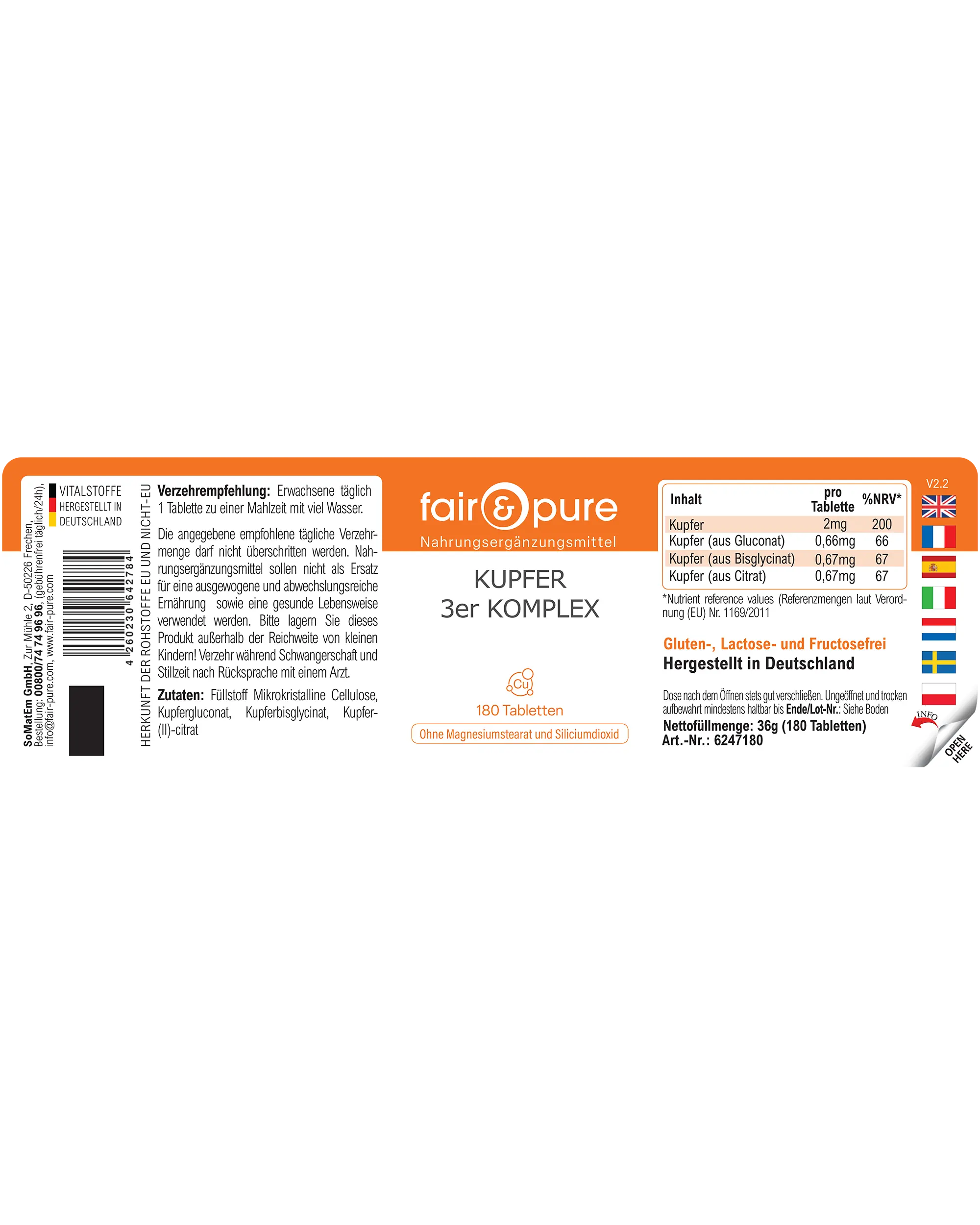 Cobre Complejo 3 – 180 Tabletas – Más del 100 % de la ingesta diaria | Fair & Pure