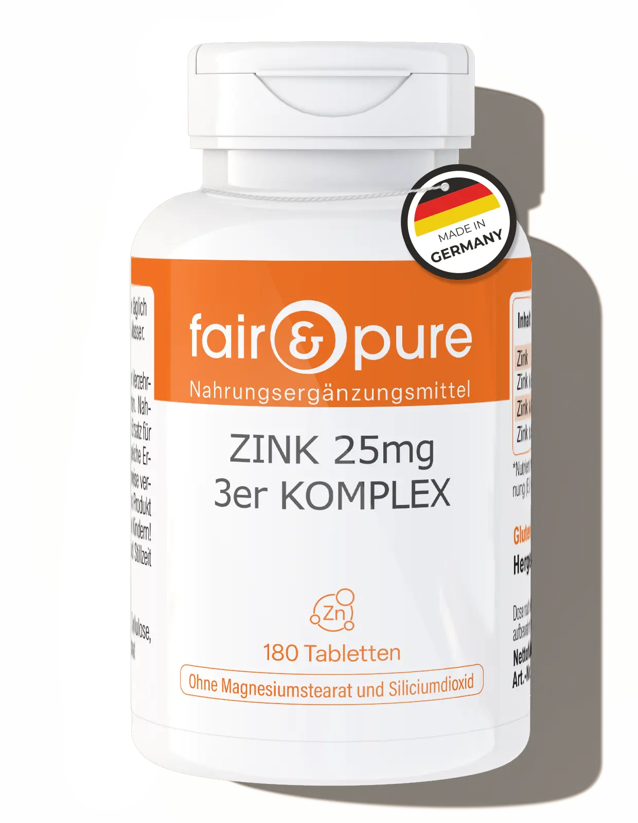 Zink 25mg 3er-Komplex - 180 Tabletten - schluckfreundlich - Immunsystem, Haut, Sehkraft uvm. - vegan | fair-pure