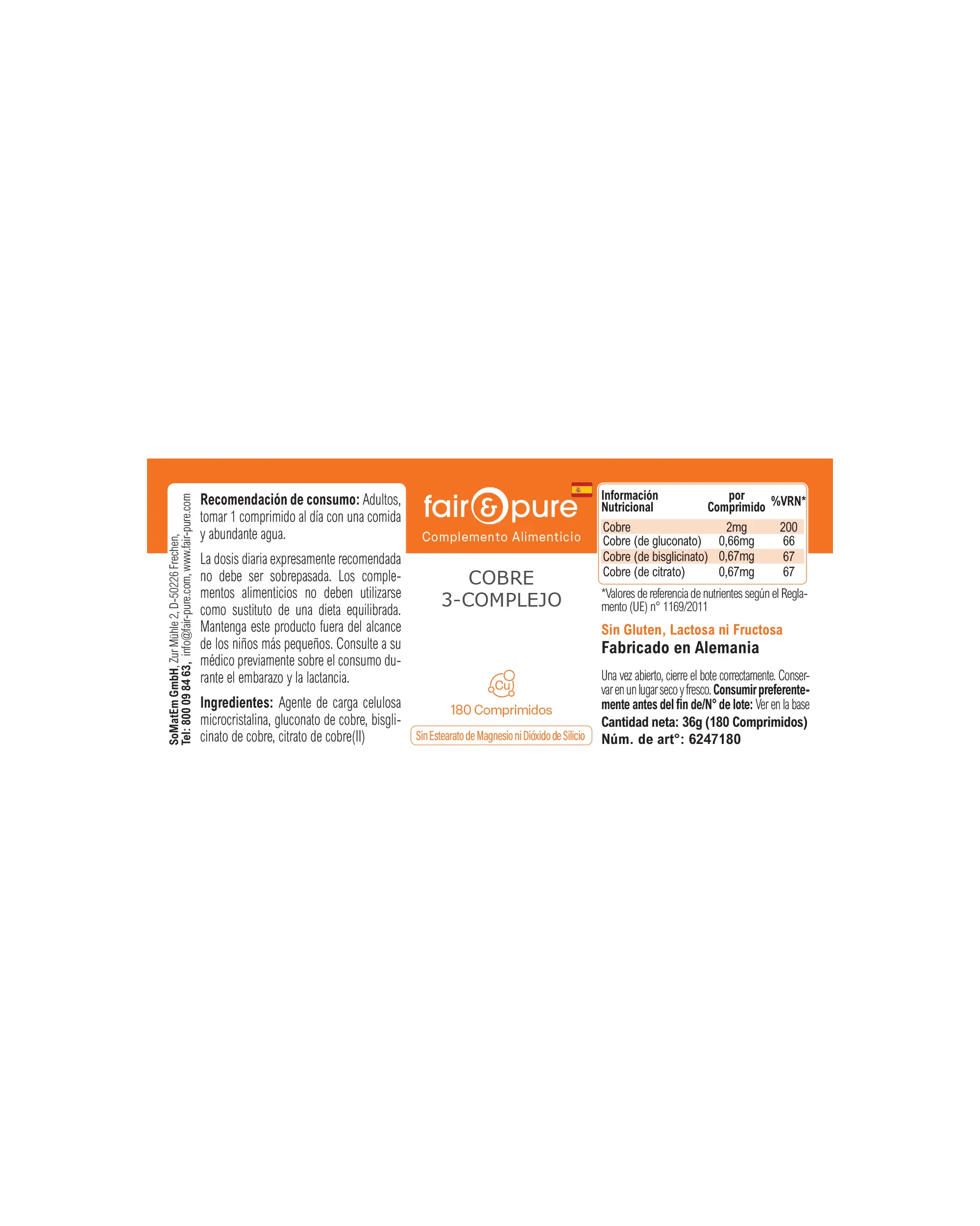 Cobre Complejo 3 – 180 Tabletas – Más del 100 % de la ingesta diaria | Fair & Pure