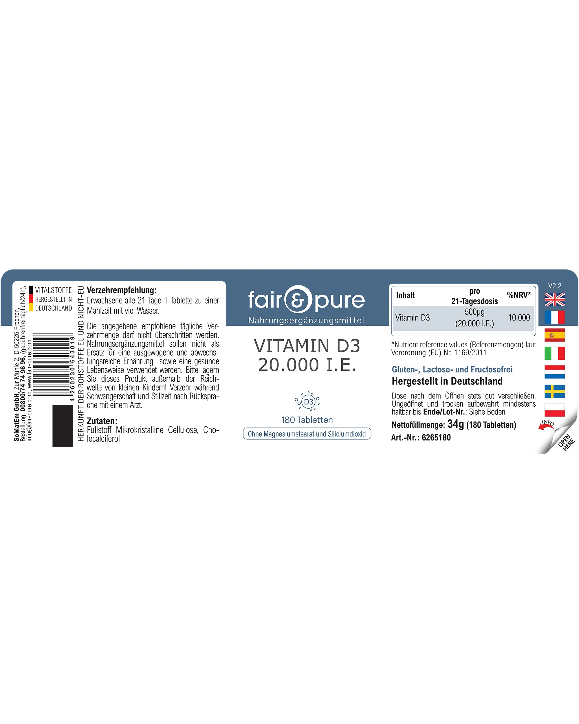 Vitamina D3 20.000 U.I. - 180 Compresse | fair-pure
