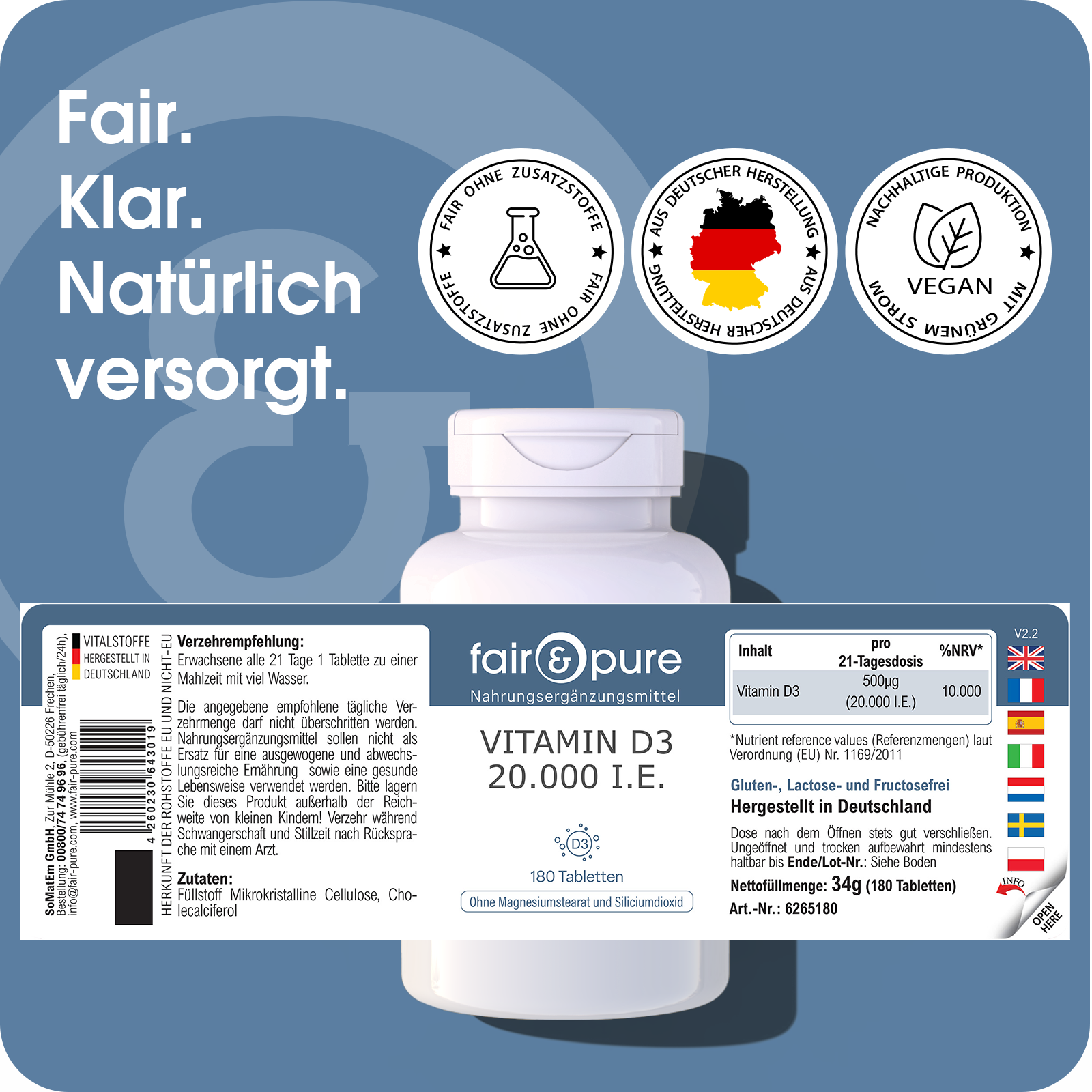 Vitamina D3 20.000 U.I. - 180 Compresse | fair-pure