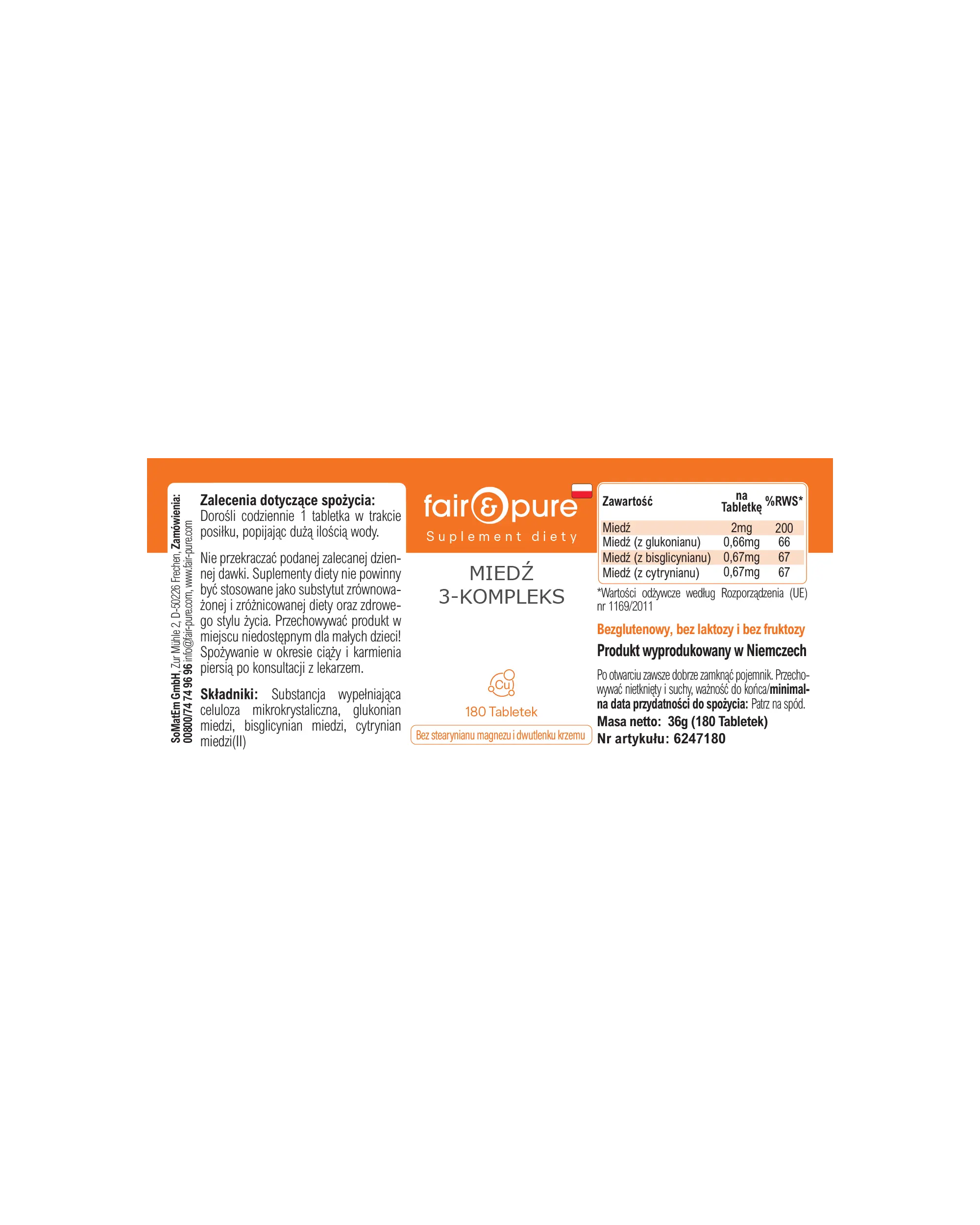 Cobre Complejo 3 – 180 Tabletas – Más del 100 % de la ingesta diaria | Fair & Pure