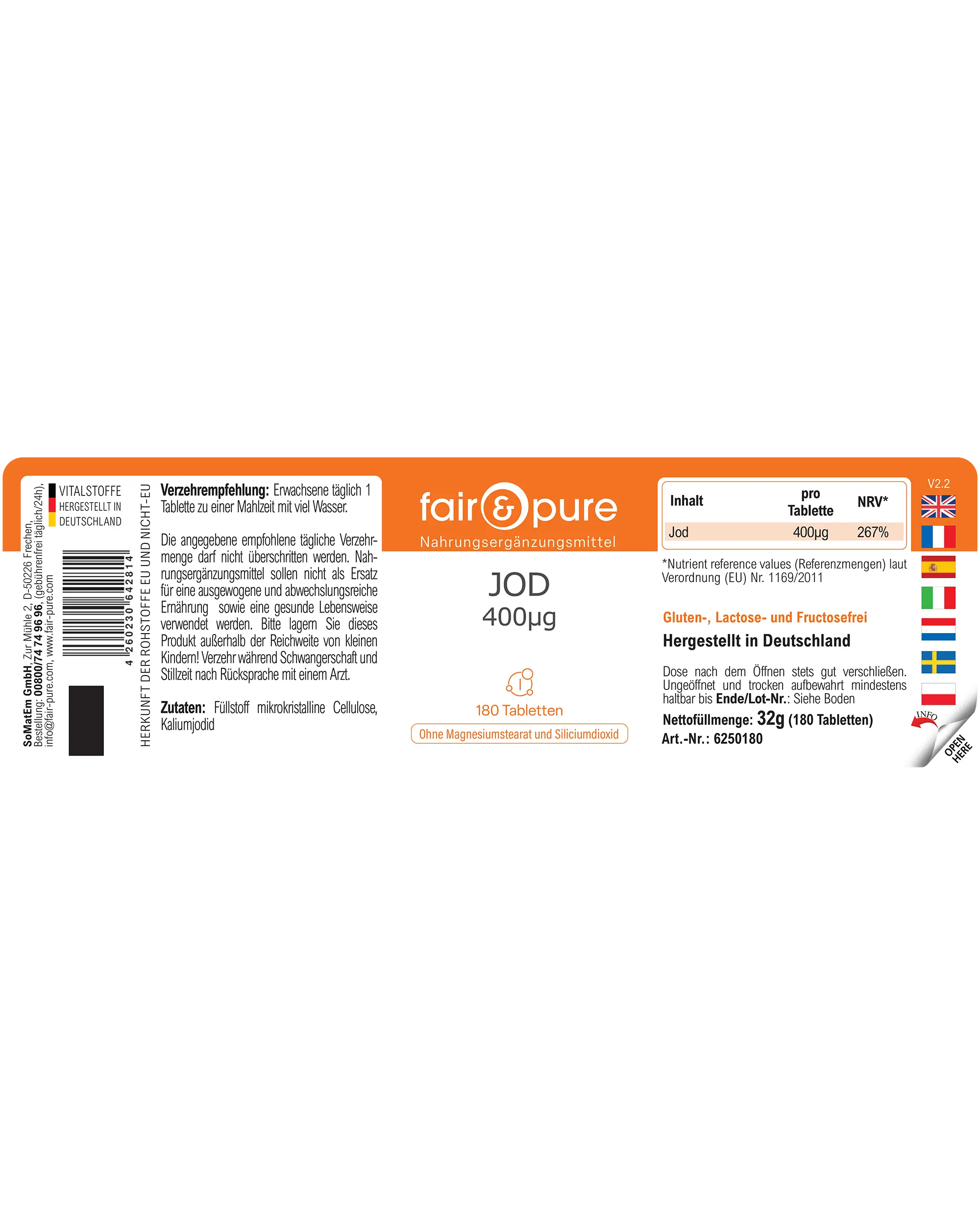 Iode 400µg – 180 Comprimés – Plus de 100 % de l'apport quotidien | Fair & Pure