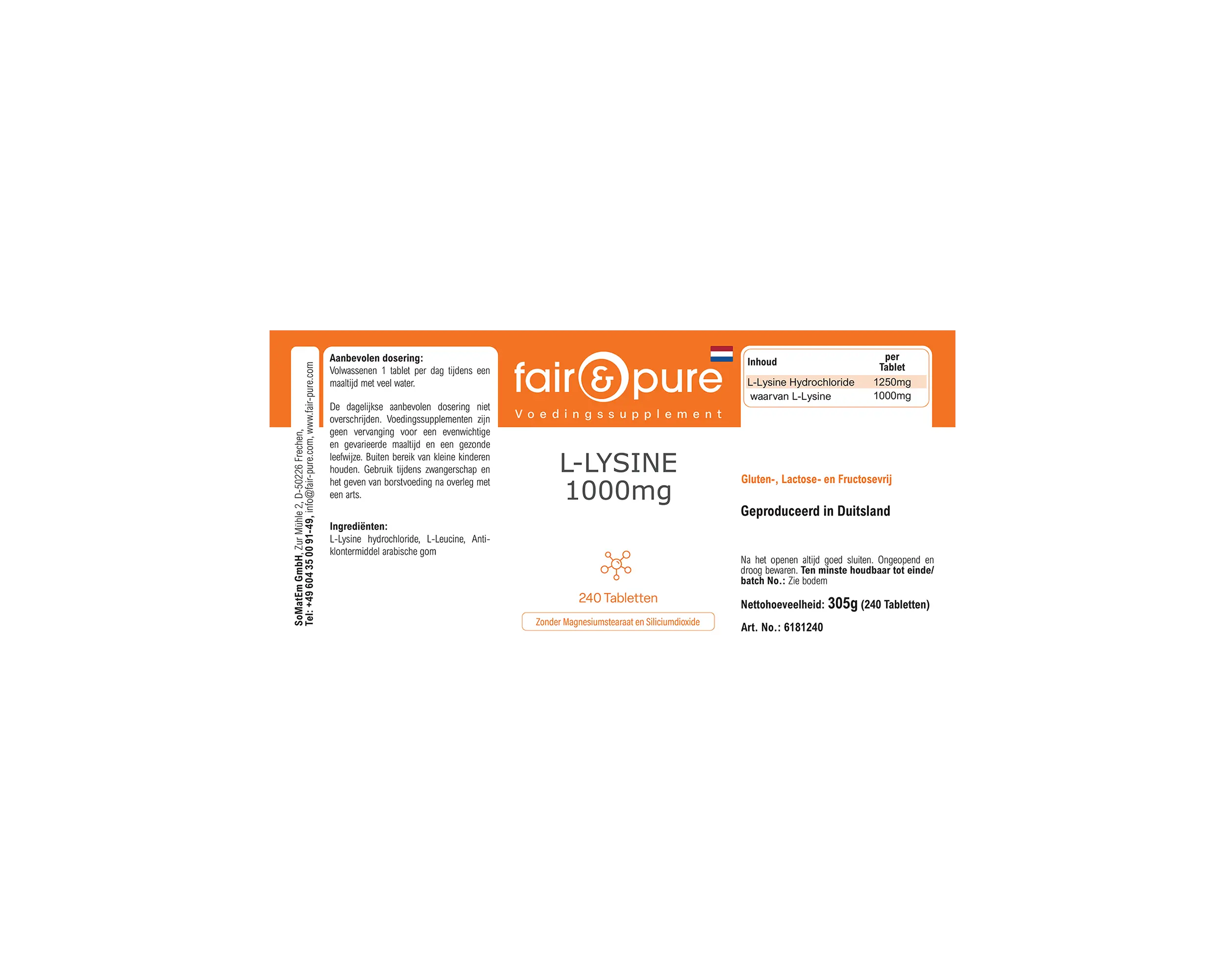 L-Lisina 1000mg - 240 comprimidos | fair-pure