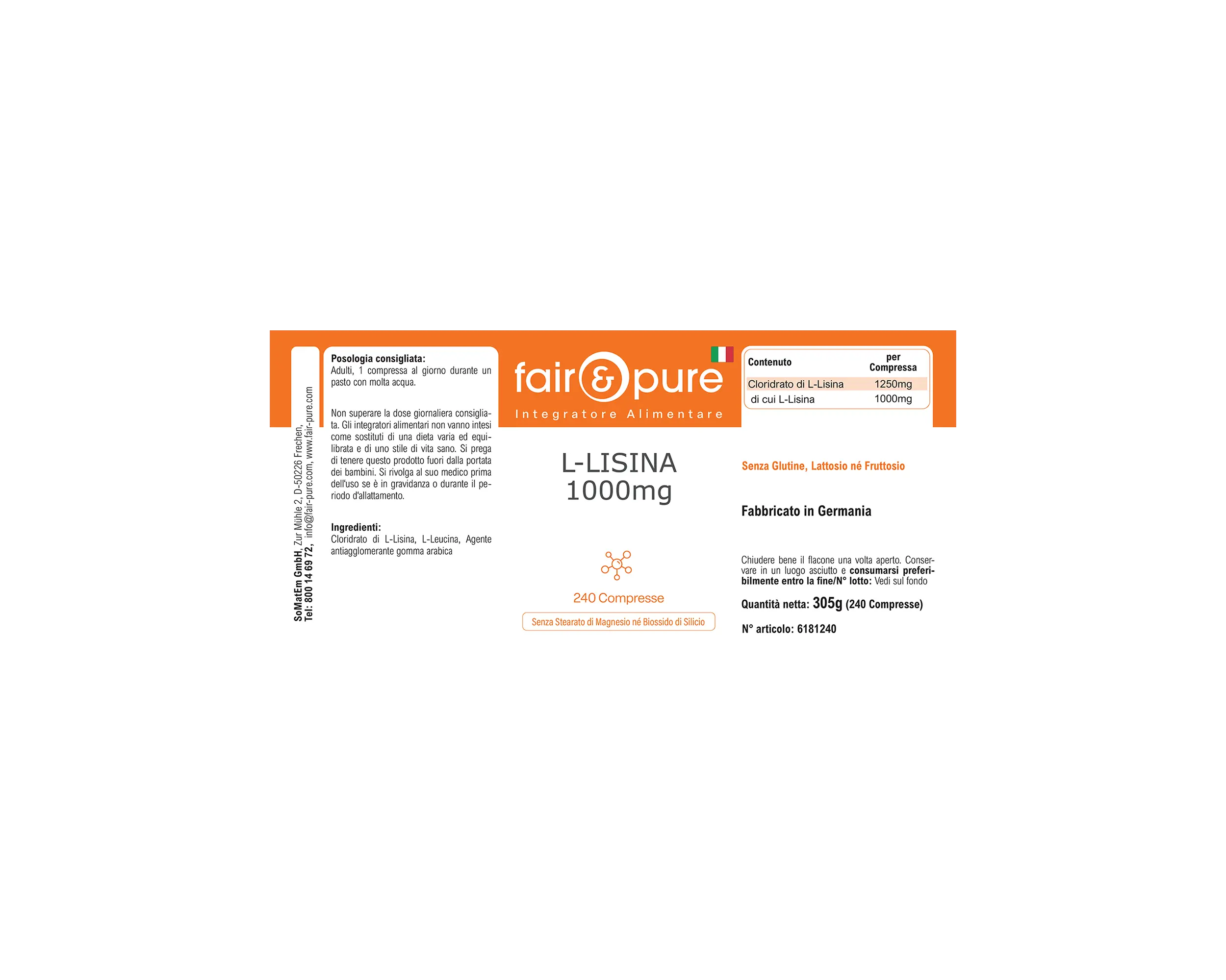 L-Lisina 1000mg - 240 comprimidos | fair-pure
