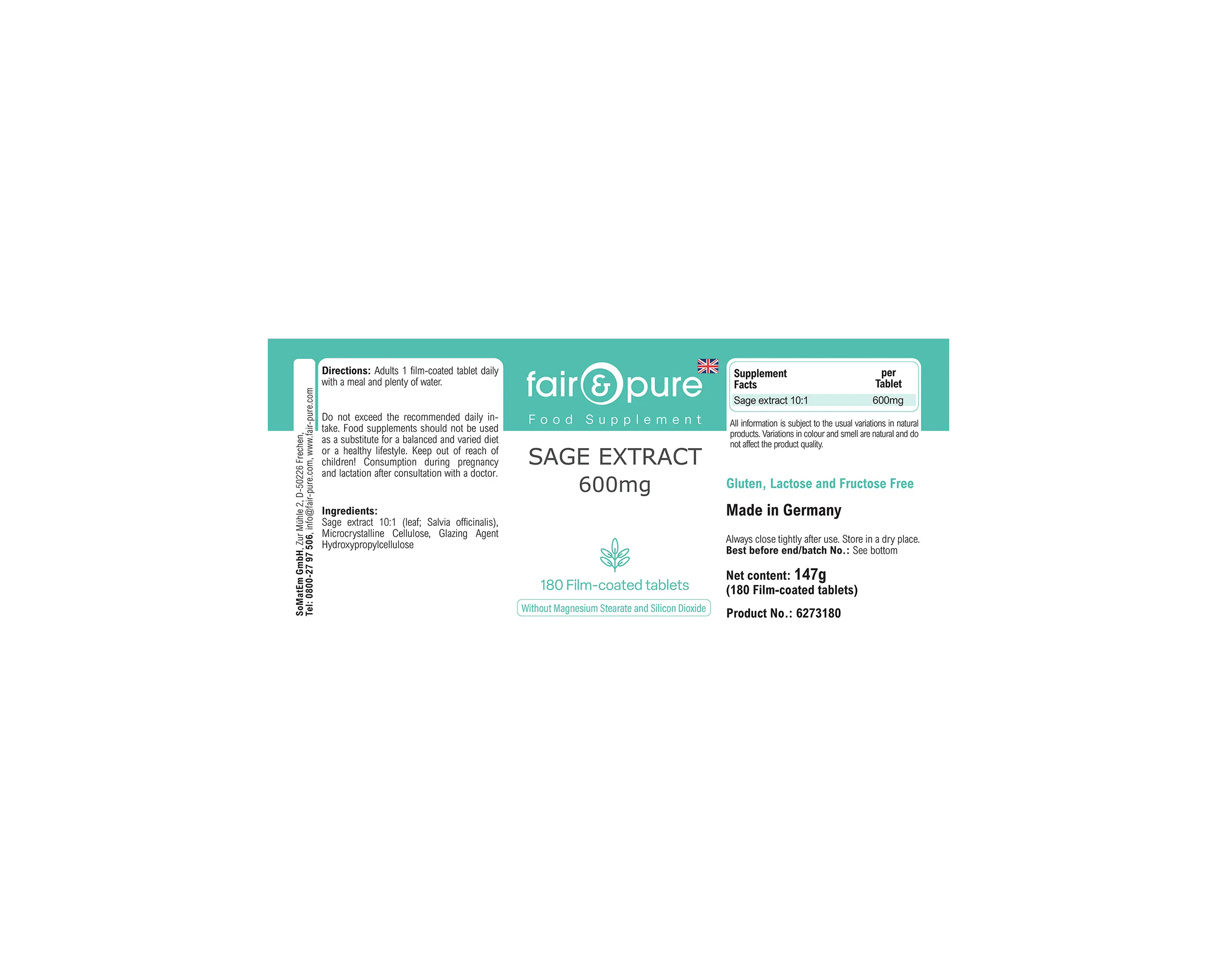 Salbei Extrakt 600mg - 180 Filmtabletten | fair-pure