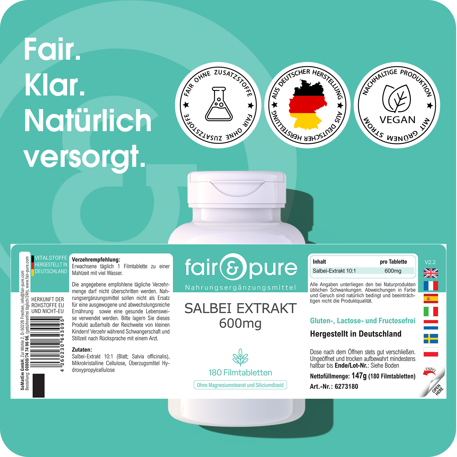 Salbei Extrakt 600mg - 180 Filmtabletten | fair-pure