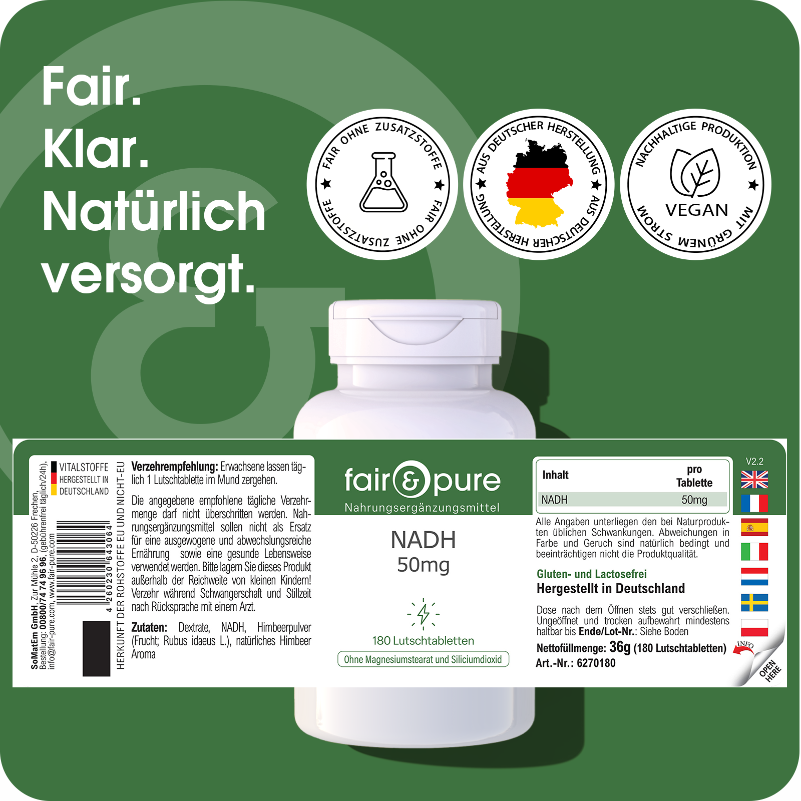 NADH 50mg - 180 Comprimidos para Chupar | fair-pure