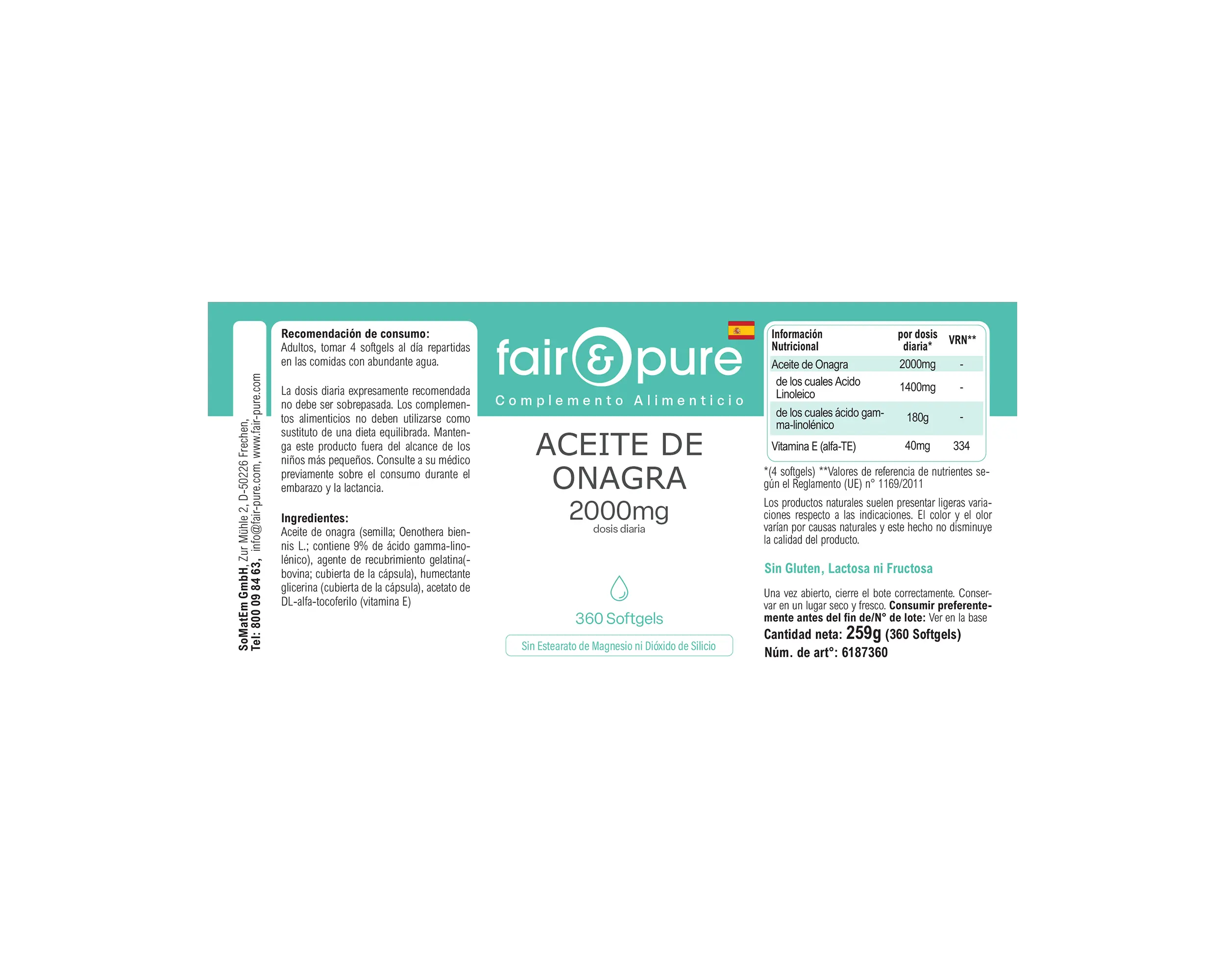 Nachtkerzenöl 2000mg - 360 Softgels - mit Vitamin E | fair-pure