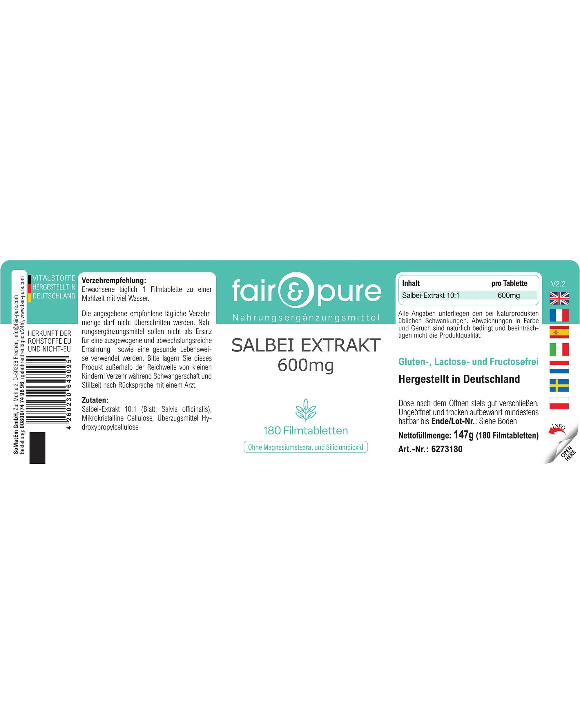 Salbei Extrakt 600mg - 180 Filmtabletten | fair-pure