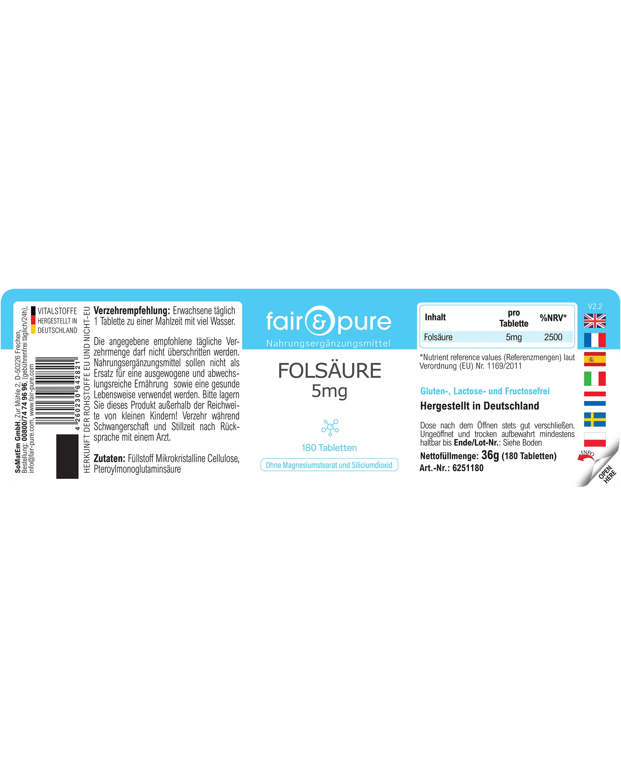 Ácido Fólico 5mg - 180 Comprimidos | fair-pure